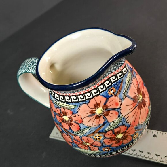 Polish Pottery UNIKAT Jungle Flower Small Stoneware Pitcher w Floral Design 6" - Picture 8 of 9